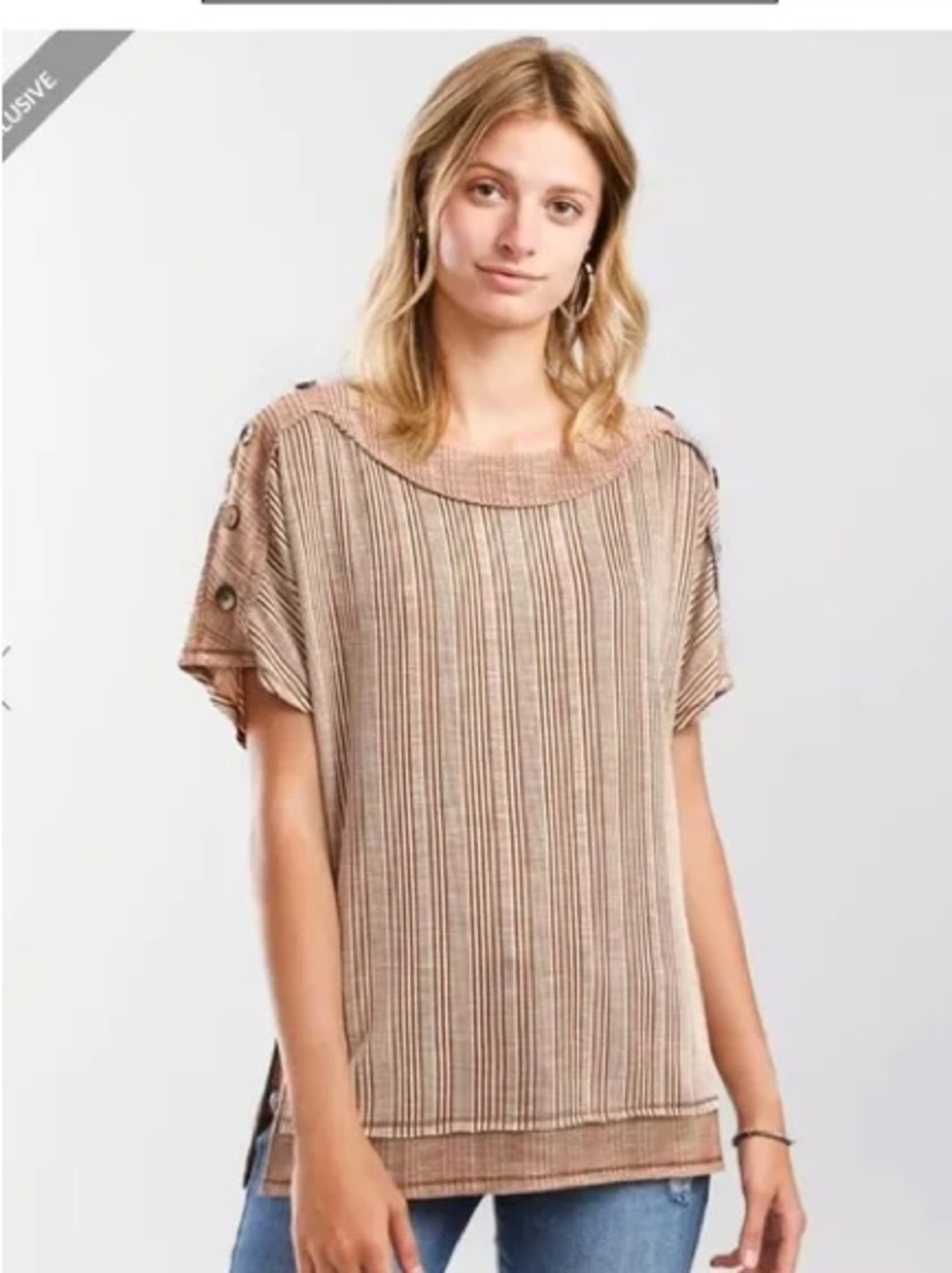 BKE Relaxed Stripe Short-Sleeve Top in Beige